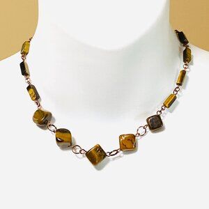 Rustic Natural Tigers Eye Bib Necklace, Genuine Gemstone + Copper Chain